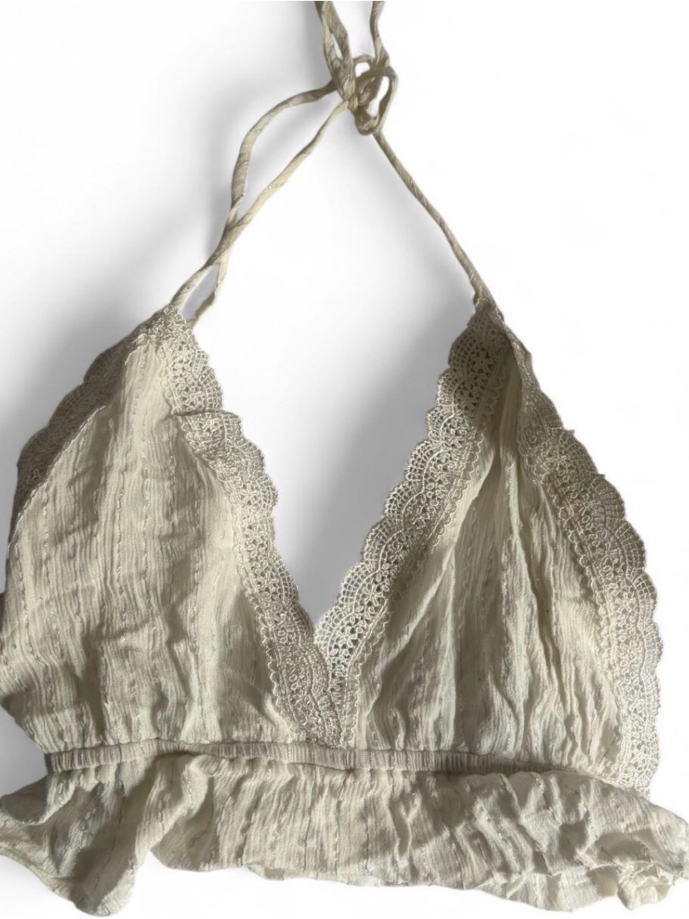 Lace Trim Halter Crop Top in Light Cream